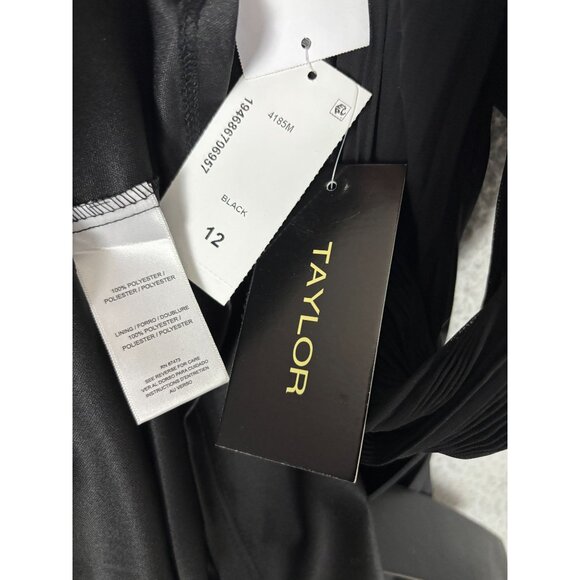 Taylor Women's Black Pleated Belted Fit & Flare Midi Chiffon Dress 12 NWT's. - Picture 6 of 8